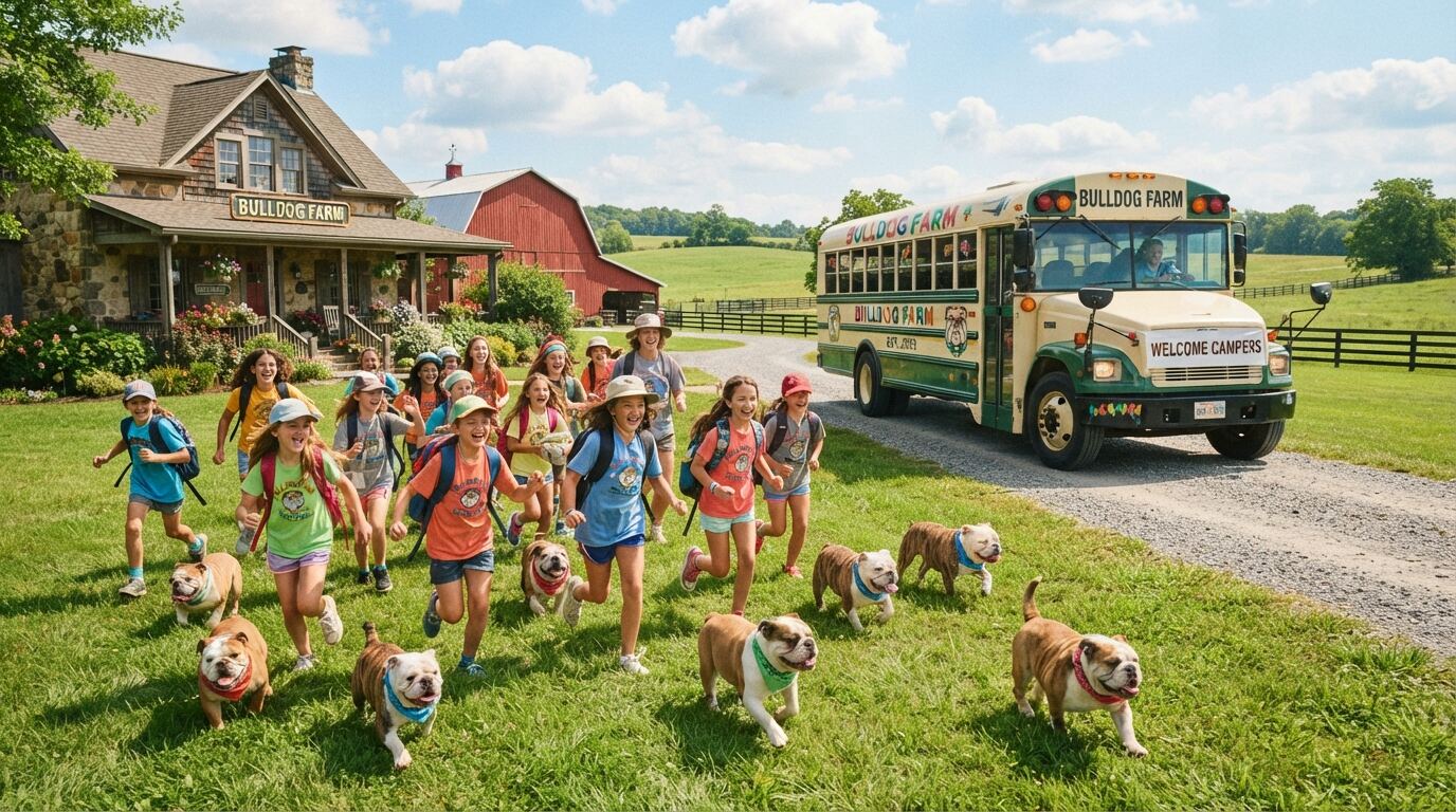 A crowd of campers and bulldogs running across the lawn at the Bulldog Farm as a yellow bus pulls in