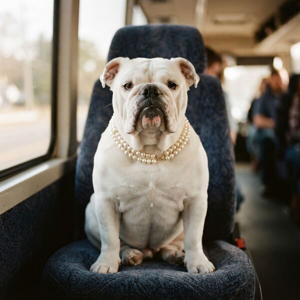 Duchess Snortington, a white bulldog in a pearl collar, posed on a bus seat