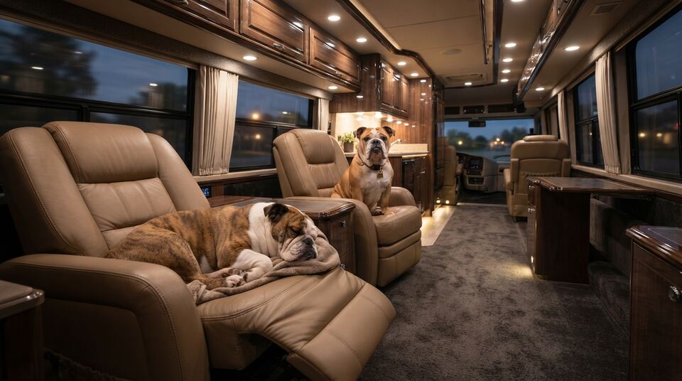 A bulldog asleep in a leather recliner inside a luxury coach while another sits up like a concierge