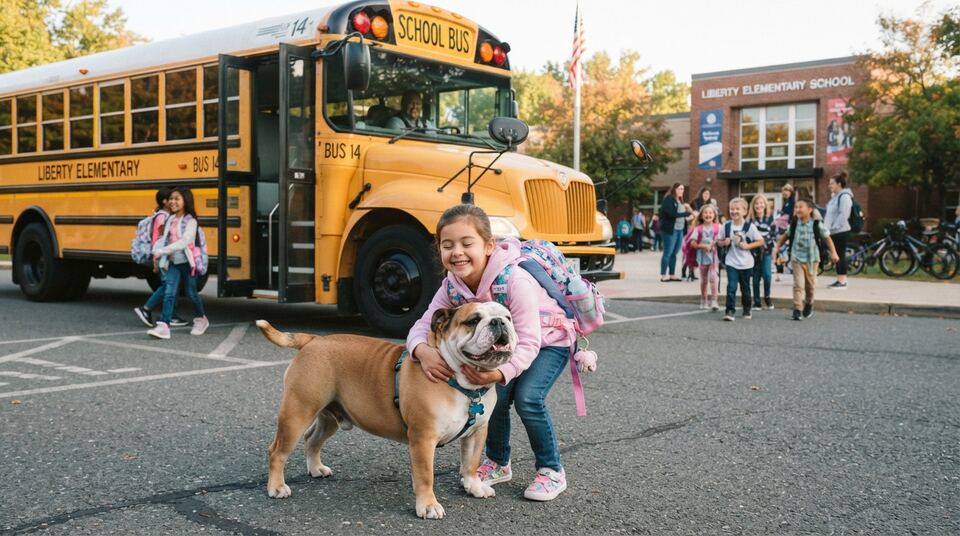 A girl with a backpack hugging a bulldog next to a yellow school bus at school drop-off