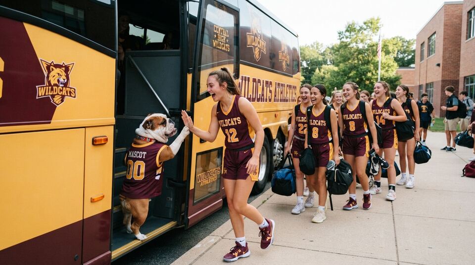 A sports team high-fiving a bulldog in a jersey as they board a coach bus