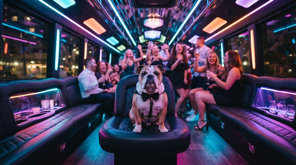 A bulldog in a bow tie sitting front and center on a neon-lit party bus